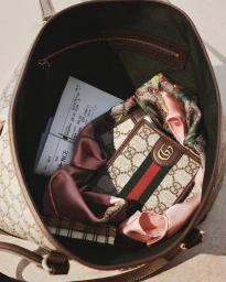 Inside view of an open luxury monogram canvas tote bag containing a passport holder, silk scarf, boarding pass, and notebook.