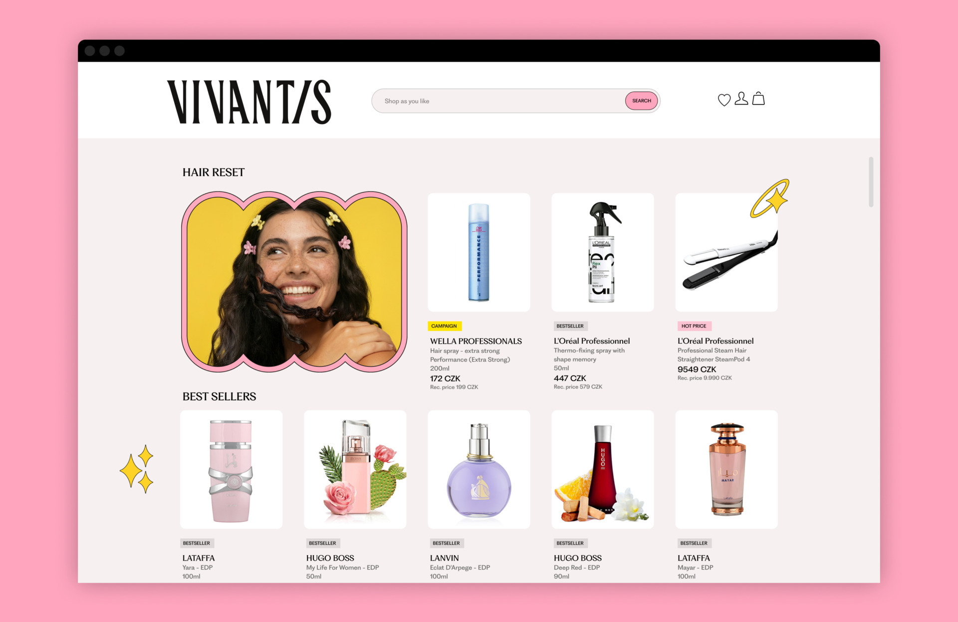 Vivantis e-commerce website layout featuring beauty products, a smiling woman in hair clips, and clean white product grid boxes.
