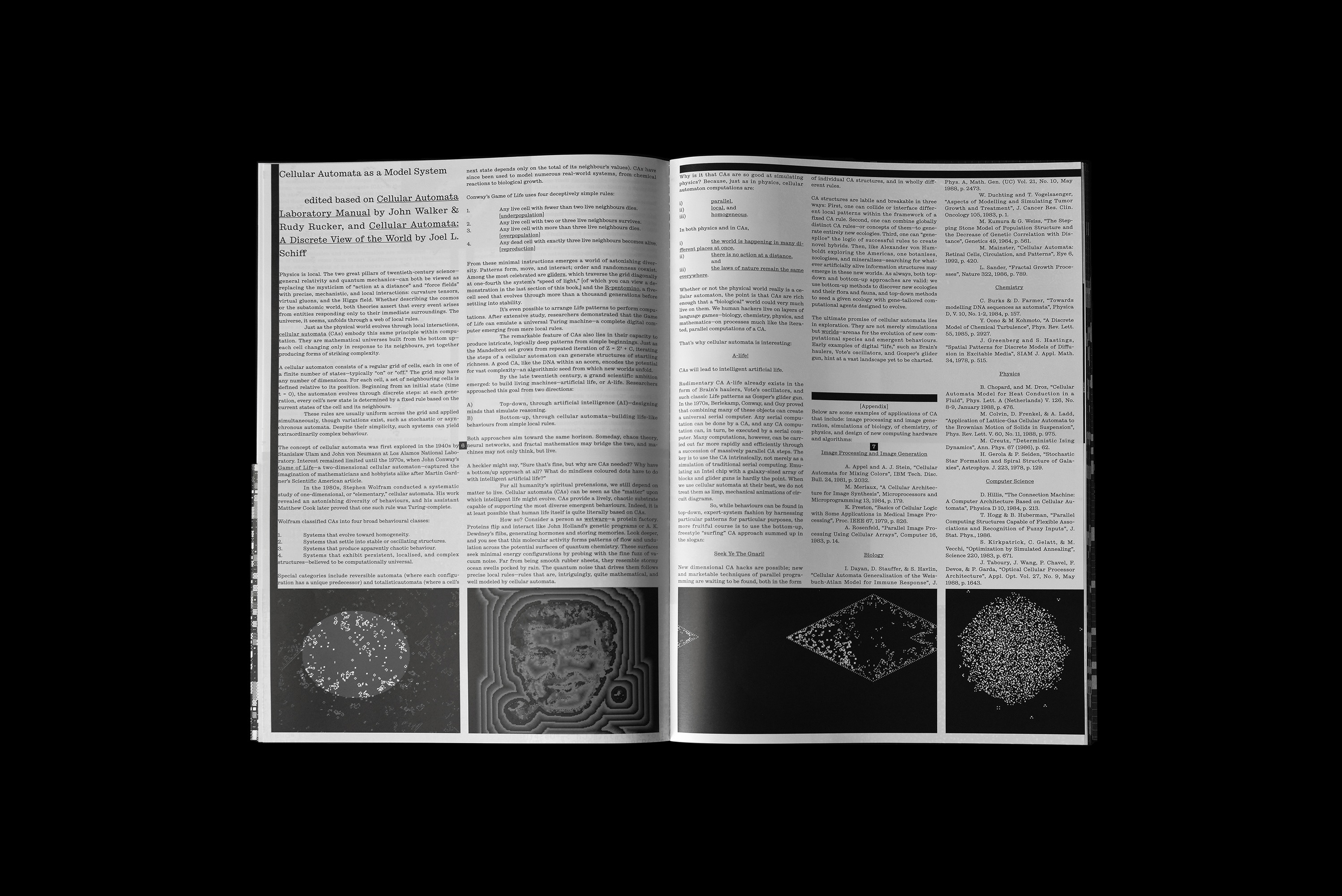 Open book layout featuring academic text and scientific diagrams on cellular automata against a dark background.