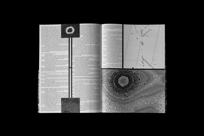 Open book spread showing columns of text, data diagrams, and a black and white pixelated circular graphic overlay