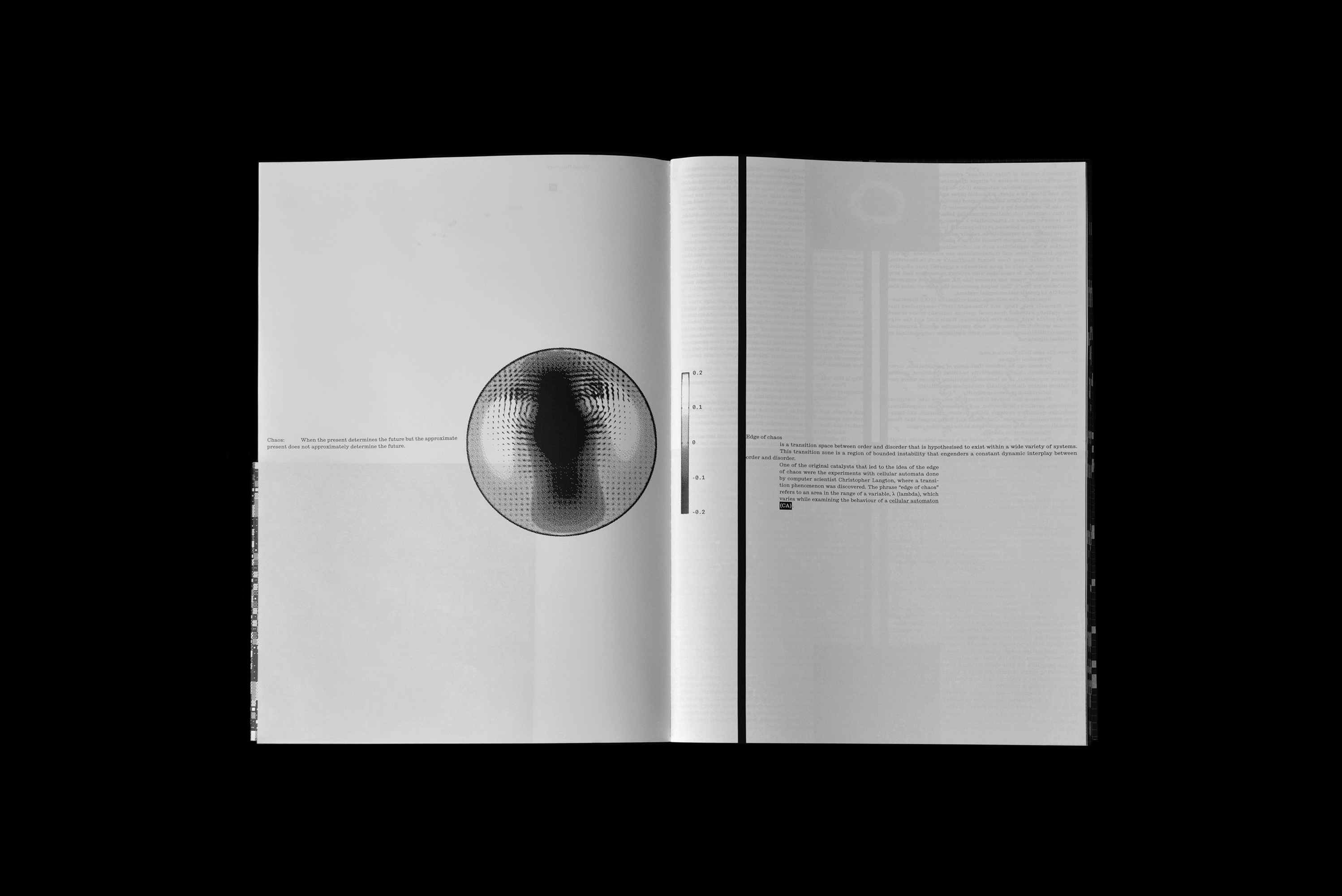 Open book pages featuring a circular data diagram and text columns against a dark background