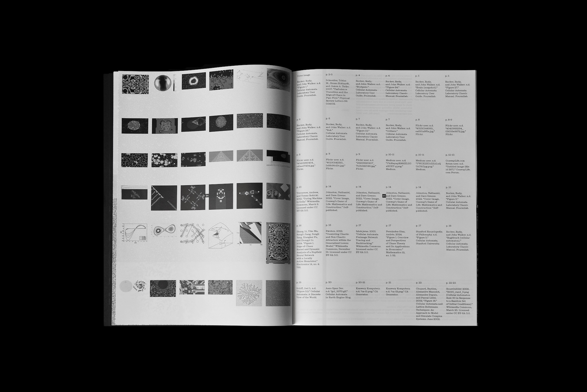 An open book displaying a grid of black and white images and dense typographic text columns across two pages.