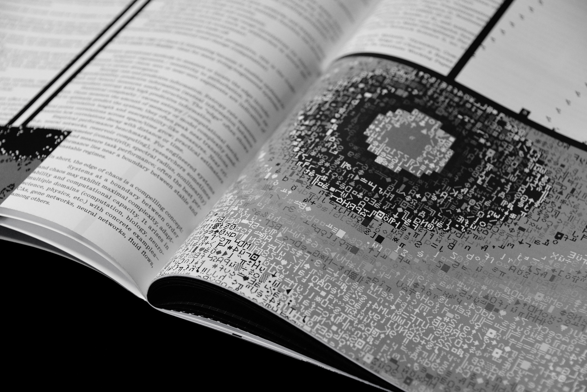An open book displaying black and white printed text and a complex digital code pattern graphic across the pages.