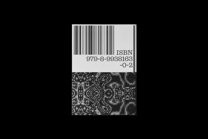 Monochrome book cover featuring a prominent barcode, ISBN text, and a detailed black and white pixel pattern against a solid black background.