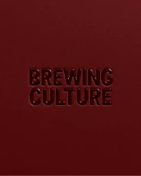 Embossed dark red typography reading Brewing Culture centered on a dark textured paper background.