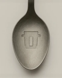 Close-up vertical shot of a textured metal spoon with an engraved geometric logo symbol on a pale background