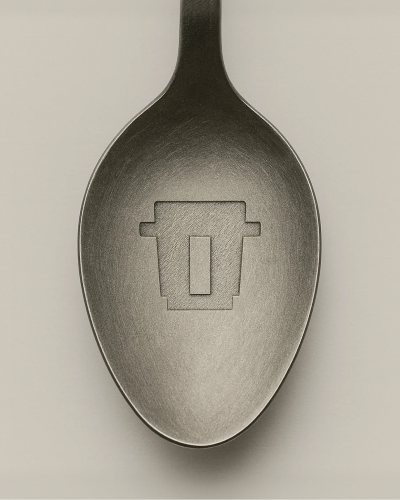 Close-up vertical shot of a textured metal spoon with an engraved geometric logo symbol on a pale background