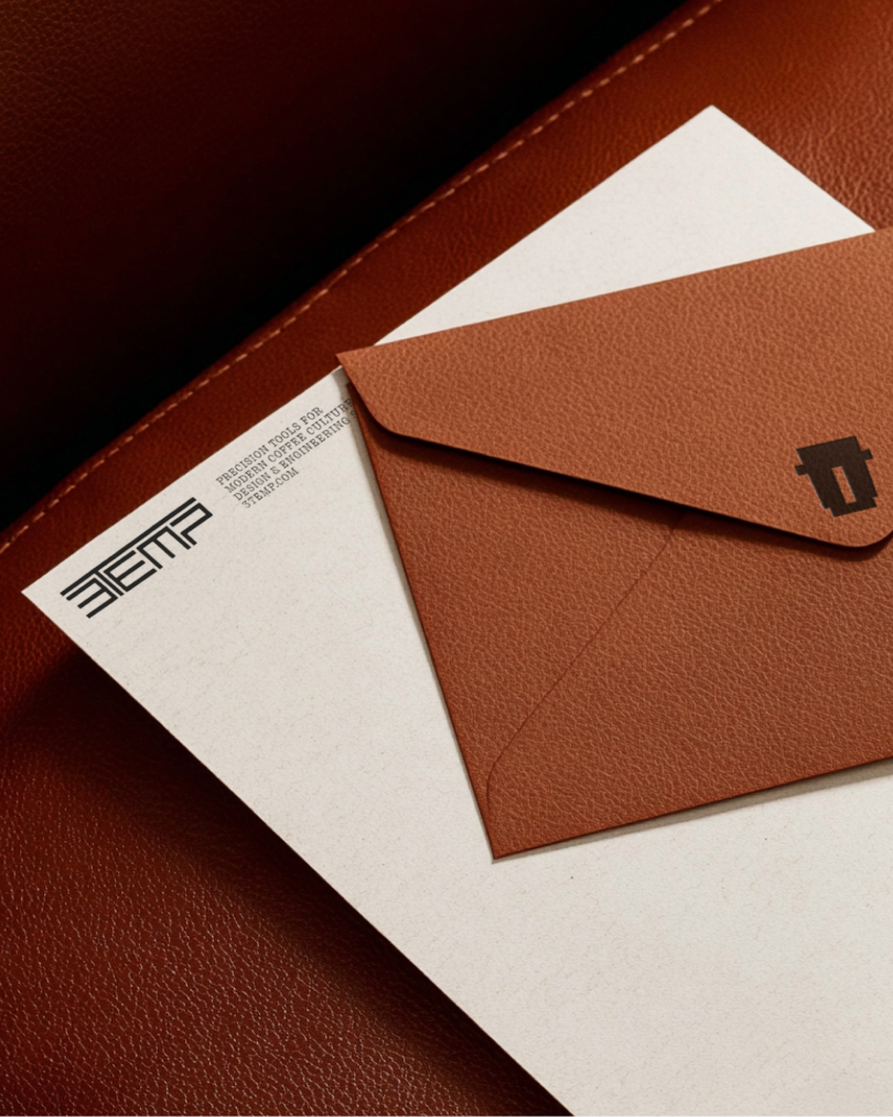 Brown textured envelope and branded letterhead resting on a dark red leather surface.