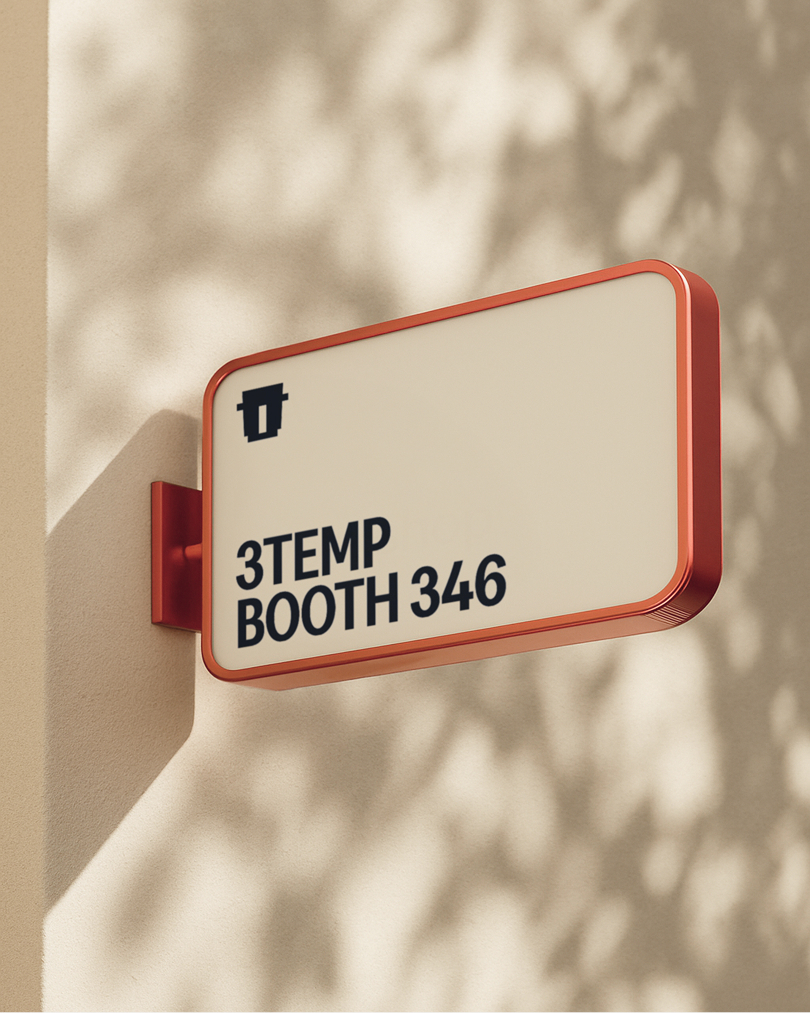 A rectangular 3TEMP booth sign mounted on a beige wall with dappled sunlight shadows cast across the surface.