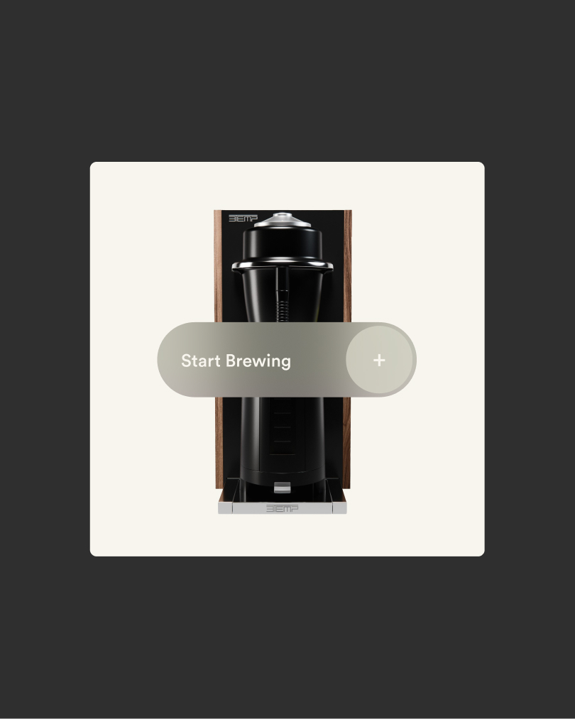 A black commercial coffee machine centered on a pale background with an interactive start brewing slider overlay.