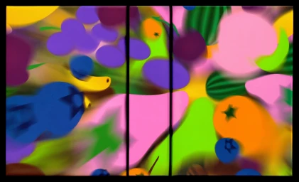 Vibrant abstract design with blurred colorful shapes of fruit in motion across three vertical panels for CMYK brand identity
