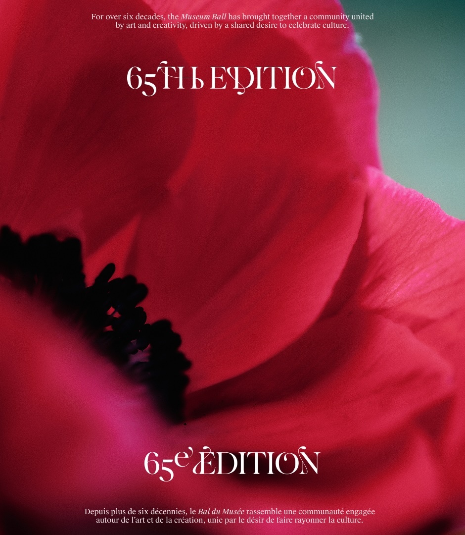 Extreme macro close-up of vibrant red poppy petals featuring elegant white typography for the 65th Edition Museum Ball.