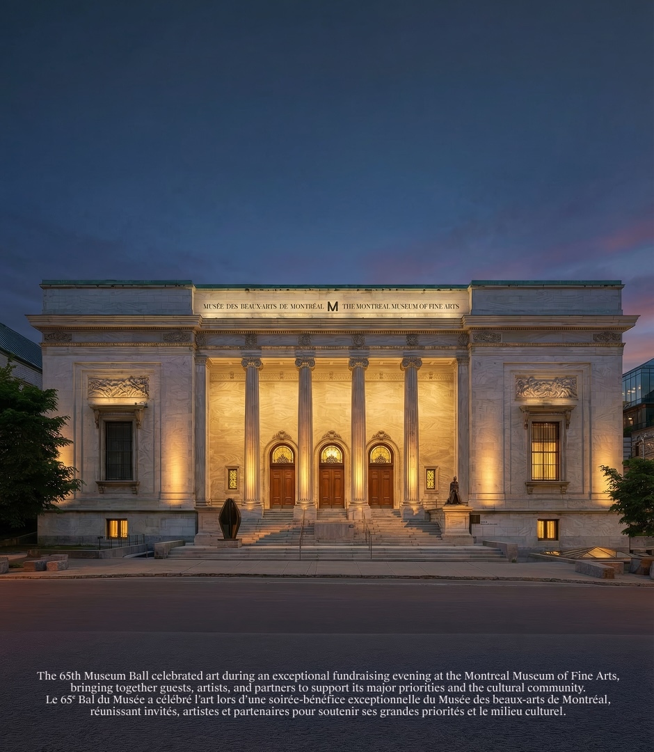 Illuminated classical facade of the Montreal Museum of Fine Arts at dusk with lit columns and wooden double doors