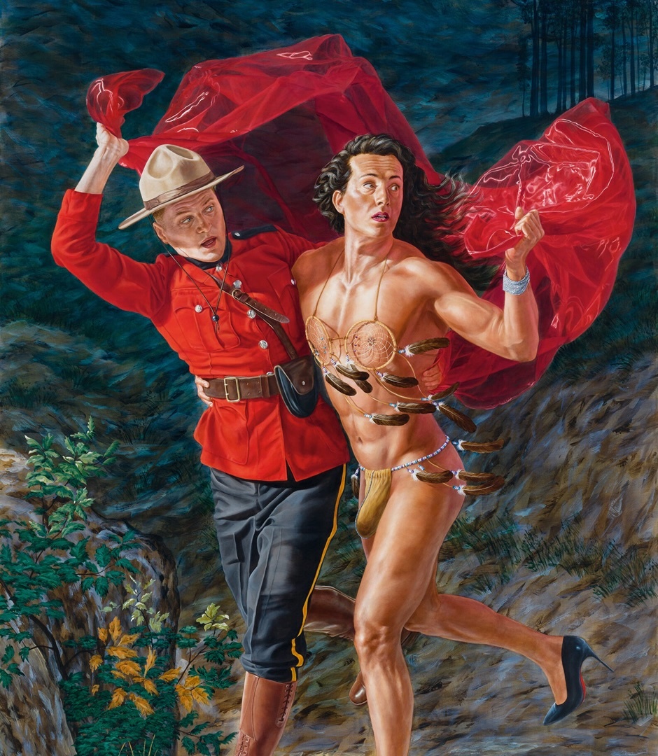 Oil painting depicting a Mountie in a red uniform and a muscular figure in heels holding a billowing red fabric.