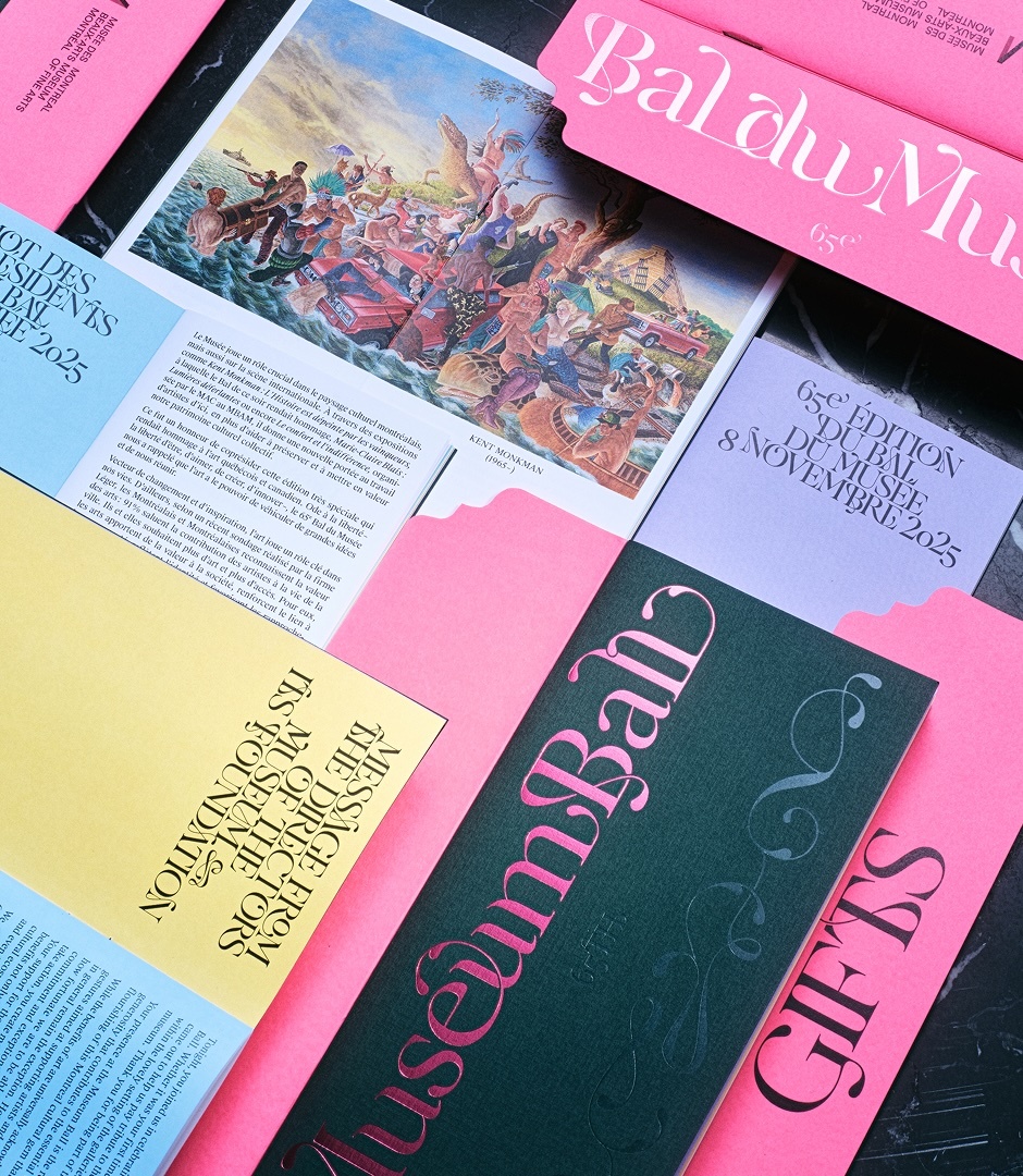 Flat lay of colorful printed stationery, booklets, and typographic collateral for Montreal Museum of Fine Arts brand identity