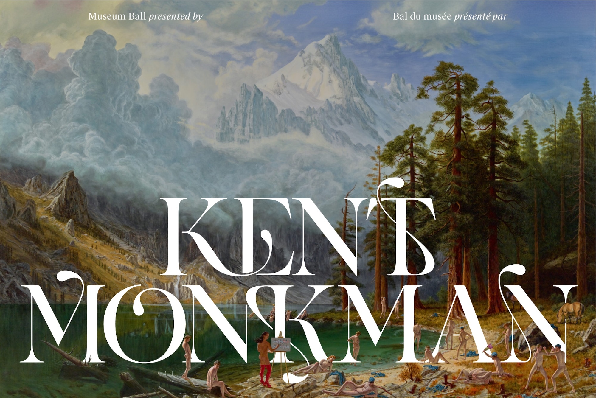 Large white elegant typography overlaid on a classic landscape painting depicting mountains, tall pine trees, and small figures near a lake.