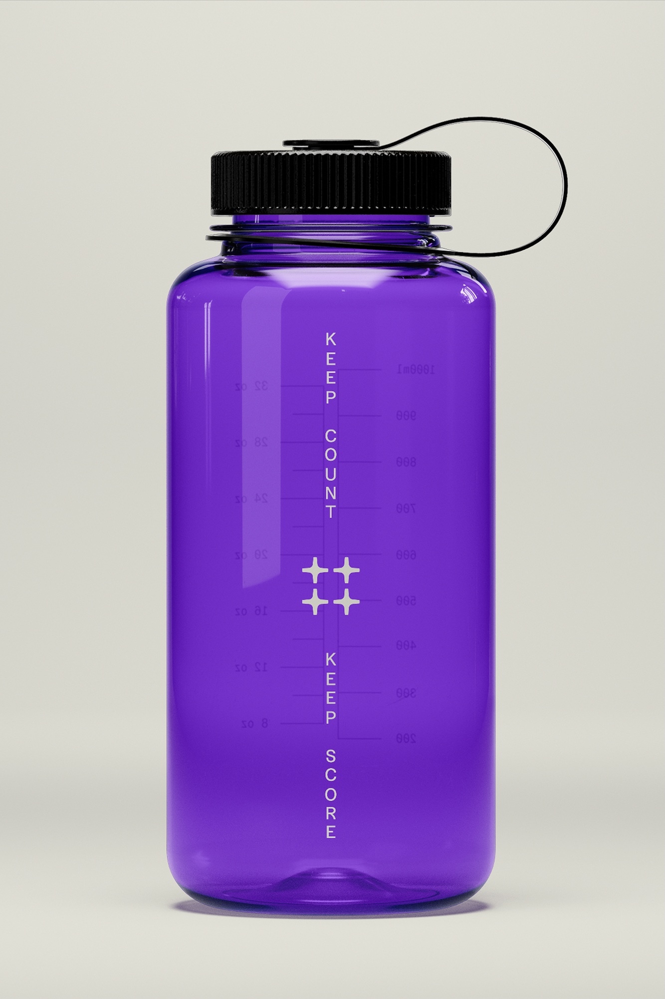 Purple translucent water bottle with black cap and white measurement markings against a neutral background