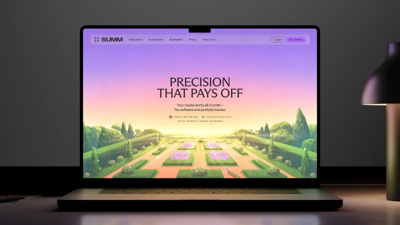 A laptop displaying the Summ brand website with a landscape illustration on screen and a lamp on the right.