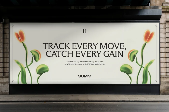 Billboard displaying Summ brand identity with Venus flytrap illustrations and text Track Every Move Catch Every Gain on a city street.