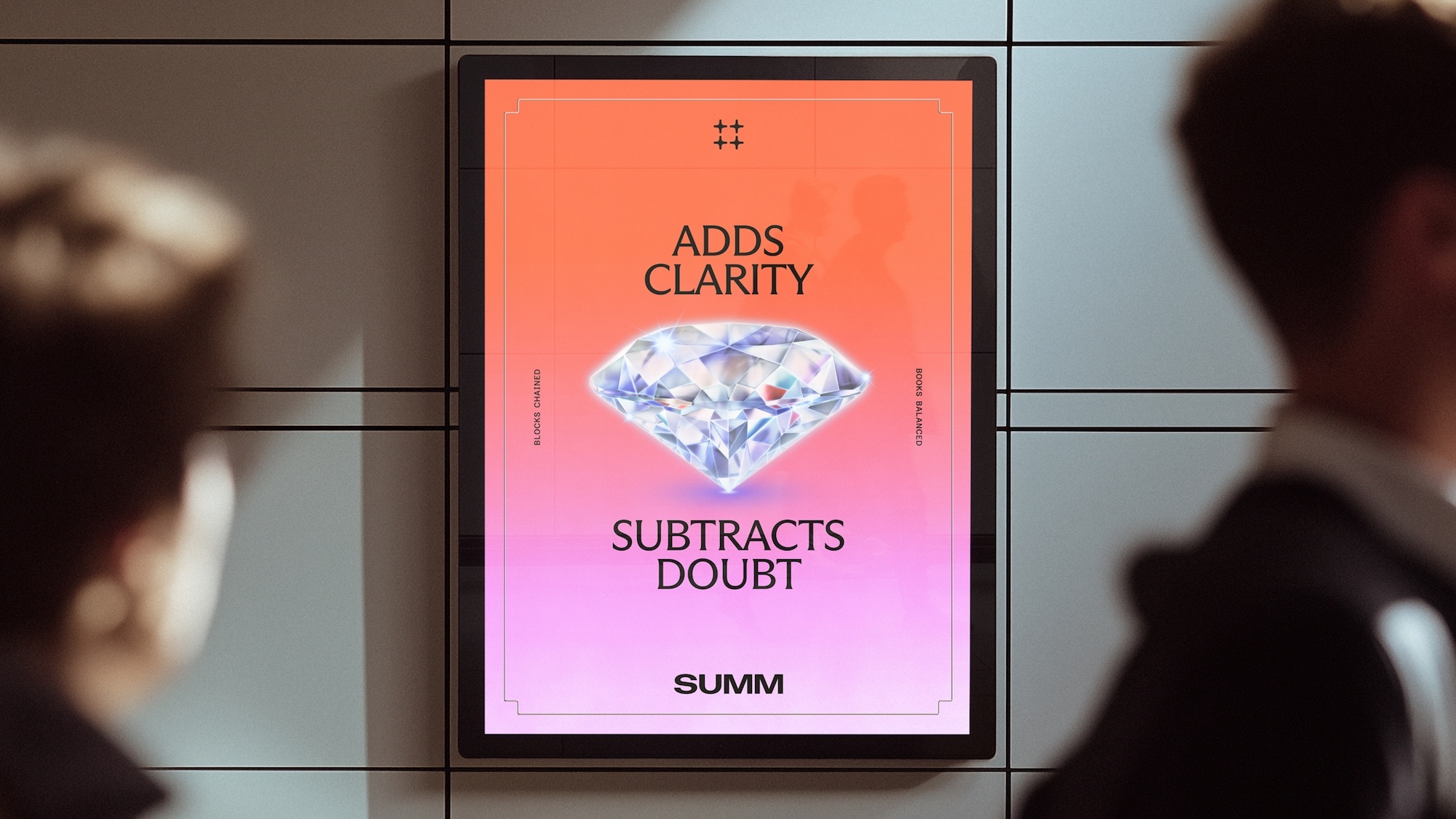 Digital poster on a tiled wall with a vibrant pink gradient background featuring a diamond illustration and text for Summ brand identity.
