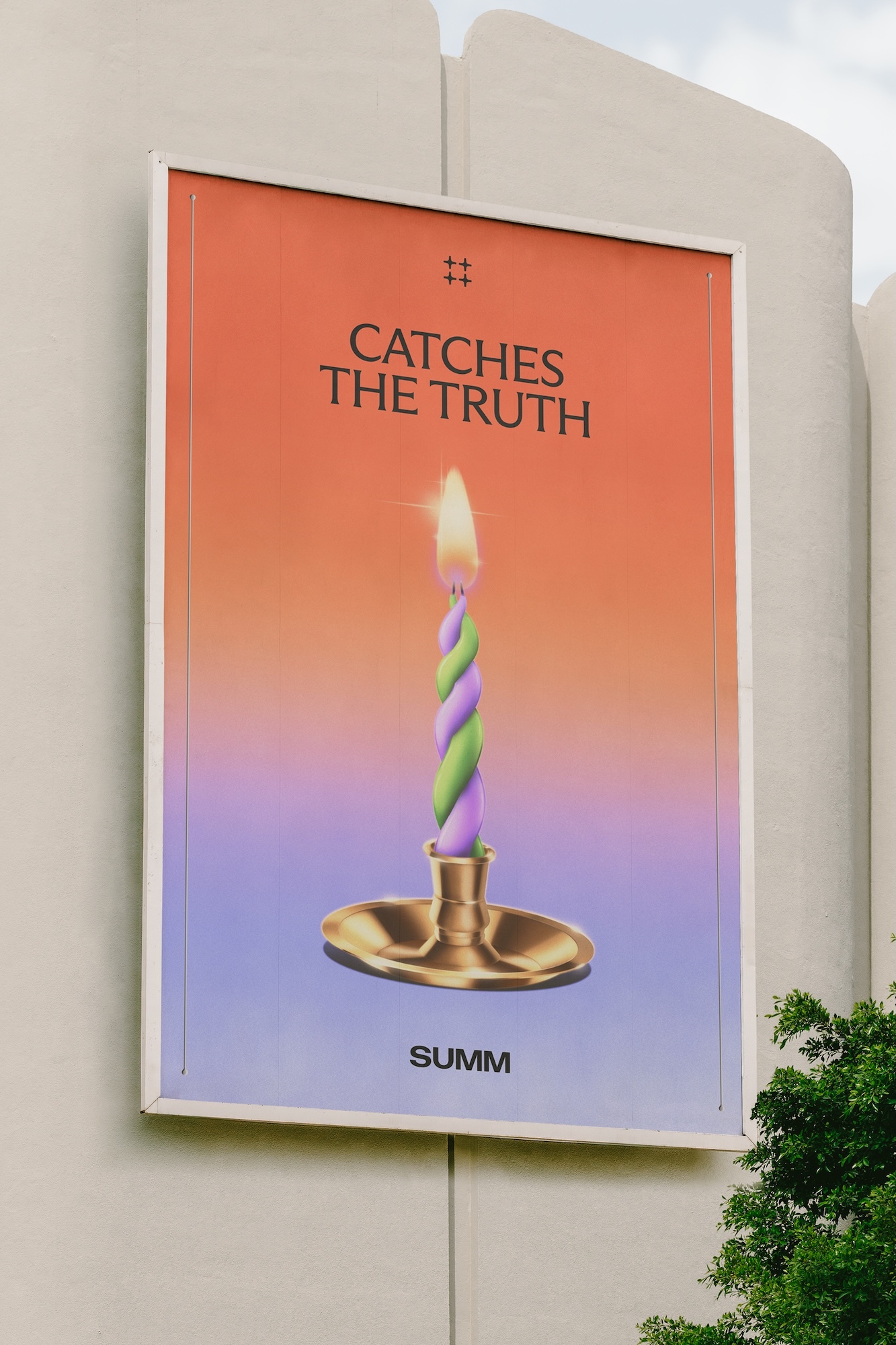 Outdoor advertising poster for Summ featuring a glowing candle illustration and text against a gradient background.
