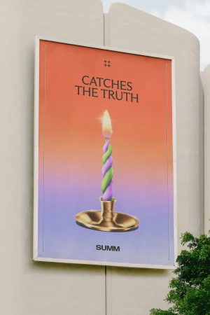 Outdoor advertising poster for Summ featuring a glowing candle illustration and text against a gradient background.