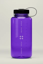 Purple translucent water bottle with black cap and white measurement markings against a neutral background