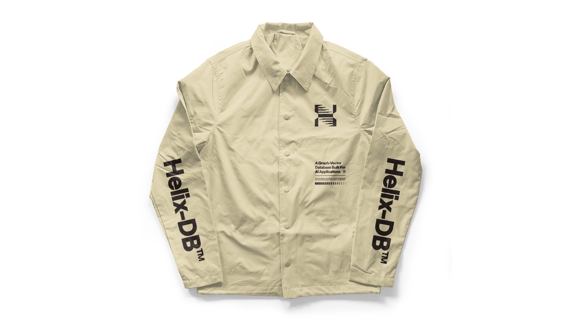 Beige coach jacket featuring black Helix-DB typography on the sleeves and chest against a clean white background