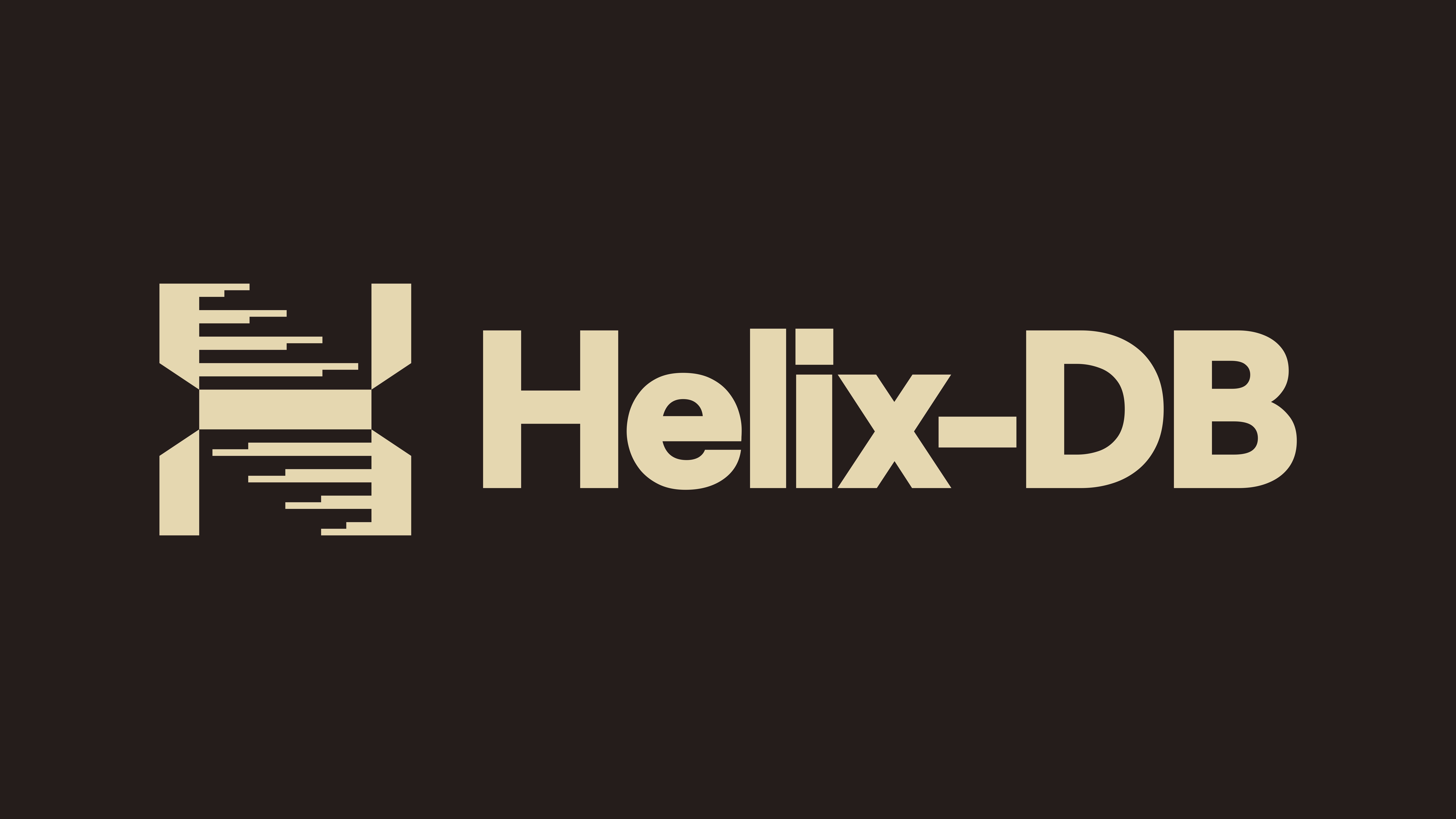 Helix-DB brand identity logo featuring a stylized double helix icon in beige next to typography on a dark brown background