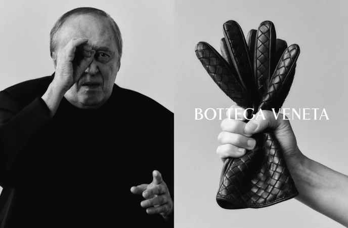 Black and white split image of a man looking through his hand and a hand grasping woven leather gloves for Bottega Veneta
