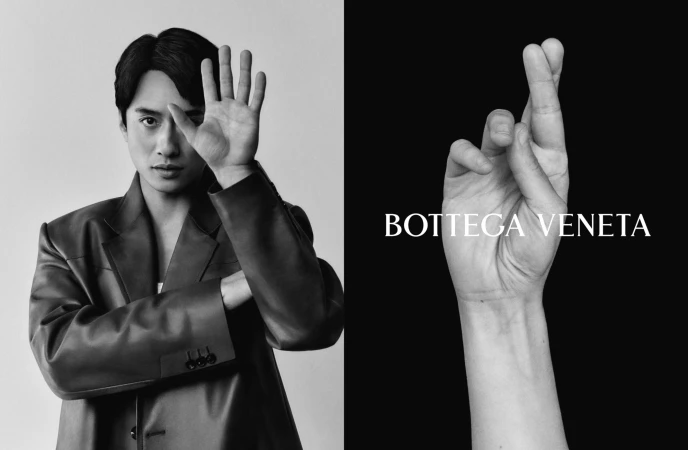 Man wearing a dark leather blazer with hand raised near face beside a close-up of fingers with Bottega Veneta text