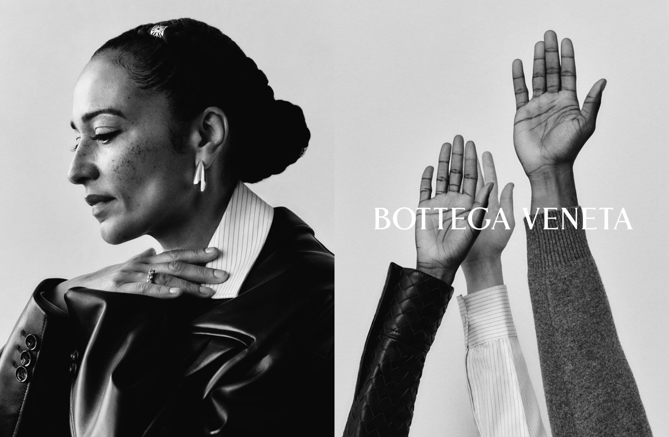 Black and white portrait of a woman in profile with raised hands in the background and Bottega Veneta text