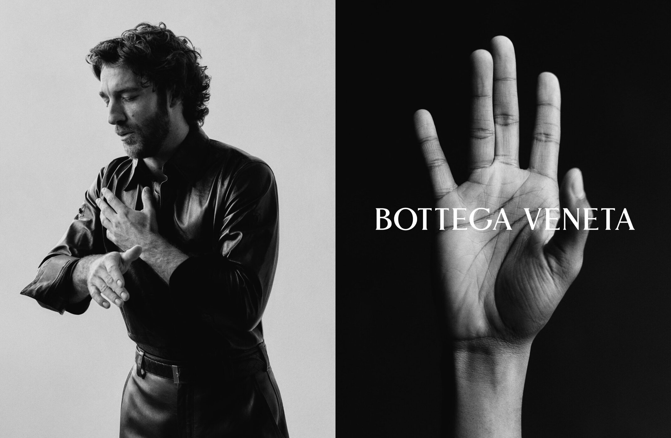 Monochrome diptych showing a man in a dark leather shirt on the left and a raised hand against a black background with Bottega Veneta text on the right.