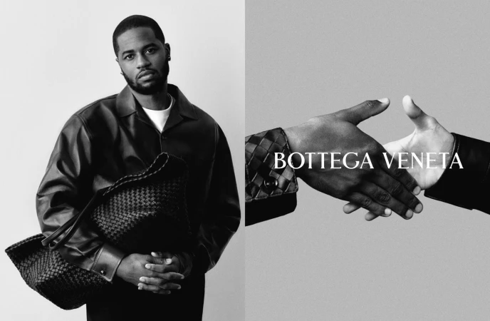 Black and white ad image showing Dave Free holding a woven leather bag alongside two hands shaking with Bottega Veneta text