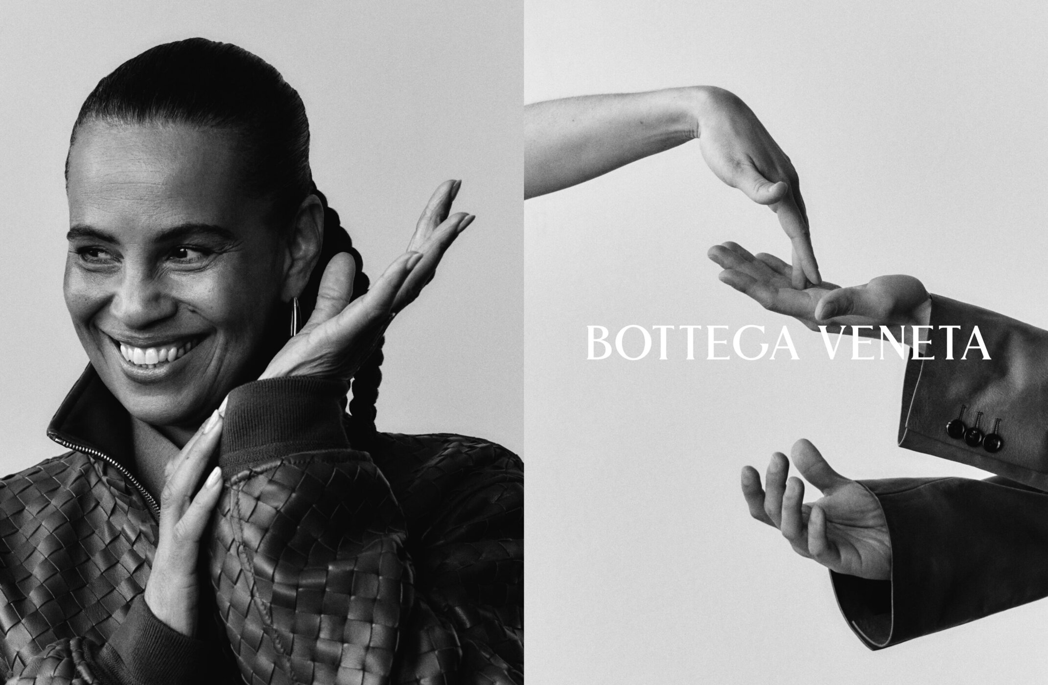 Monochrome portrait of Neneh Cherry wearing a textured leather jacket against a light background for Bottega Veneta