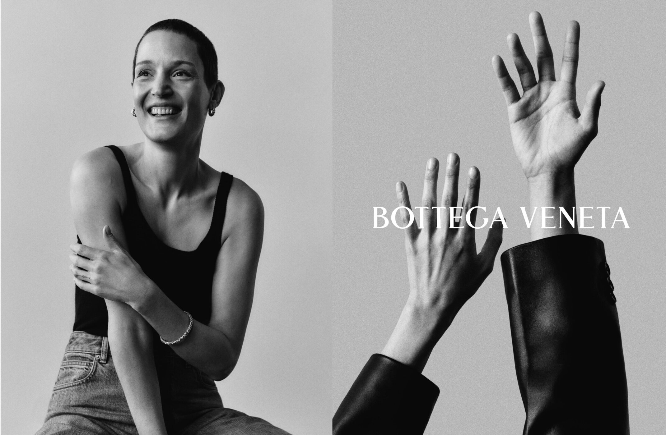 Black and white image featuring a smiling woman in a dark tank top on the left and two raised hands on the right with the Bottega Veneta logo