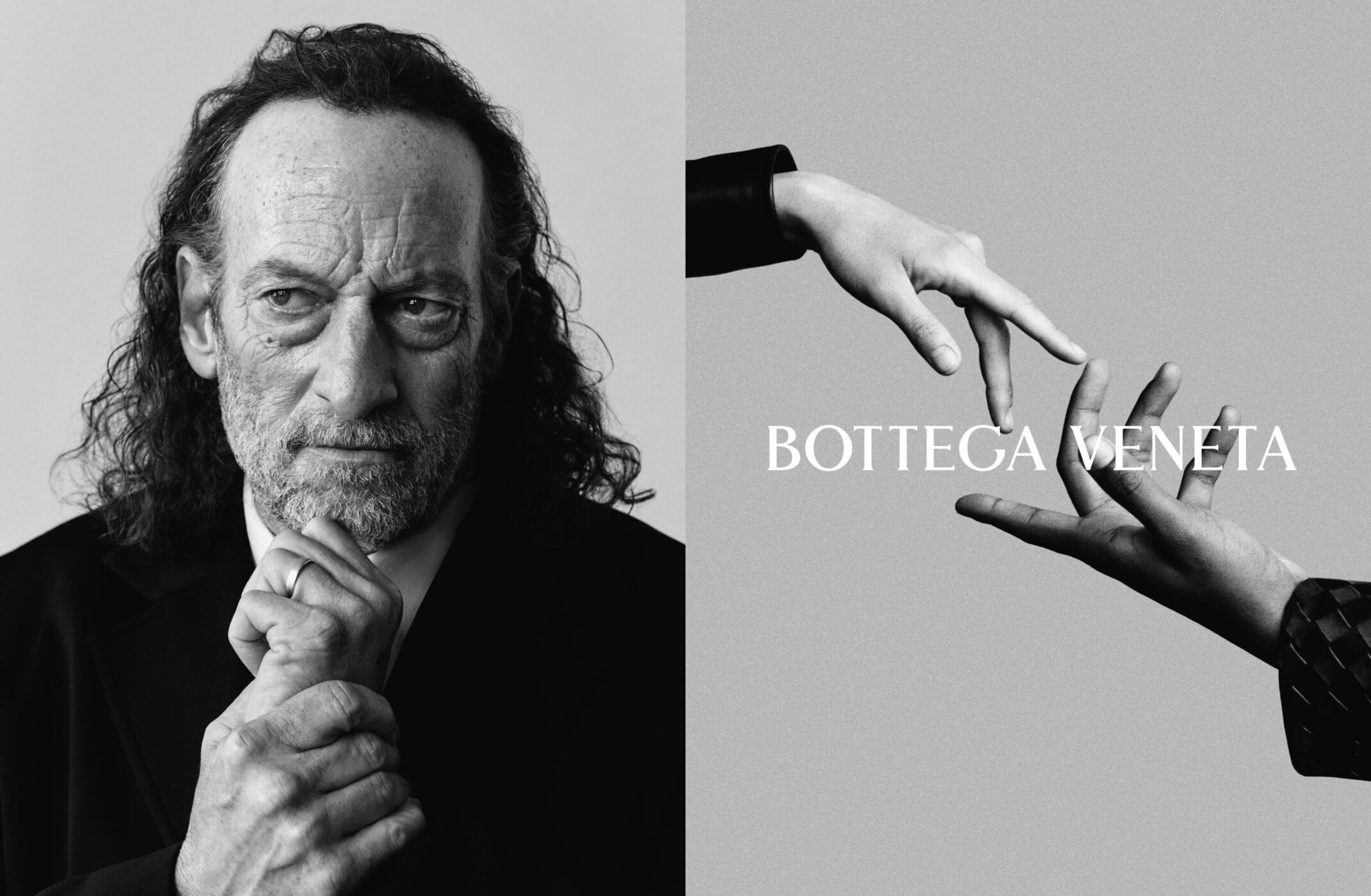 Black and white portrait of Troy Kotsur alongside a close-up shot of hands reaching toward each other with the Bottega Veneta logo.