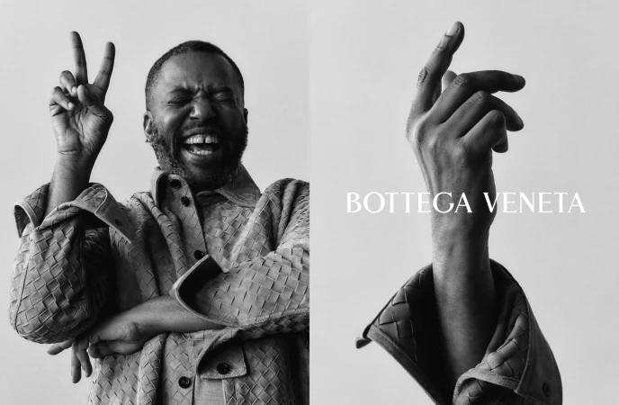 Black and white split frame image featuring a man laughing with a peace sign and a raised hand displaying the Bottega Veneta logo.