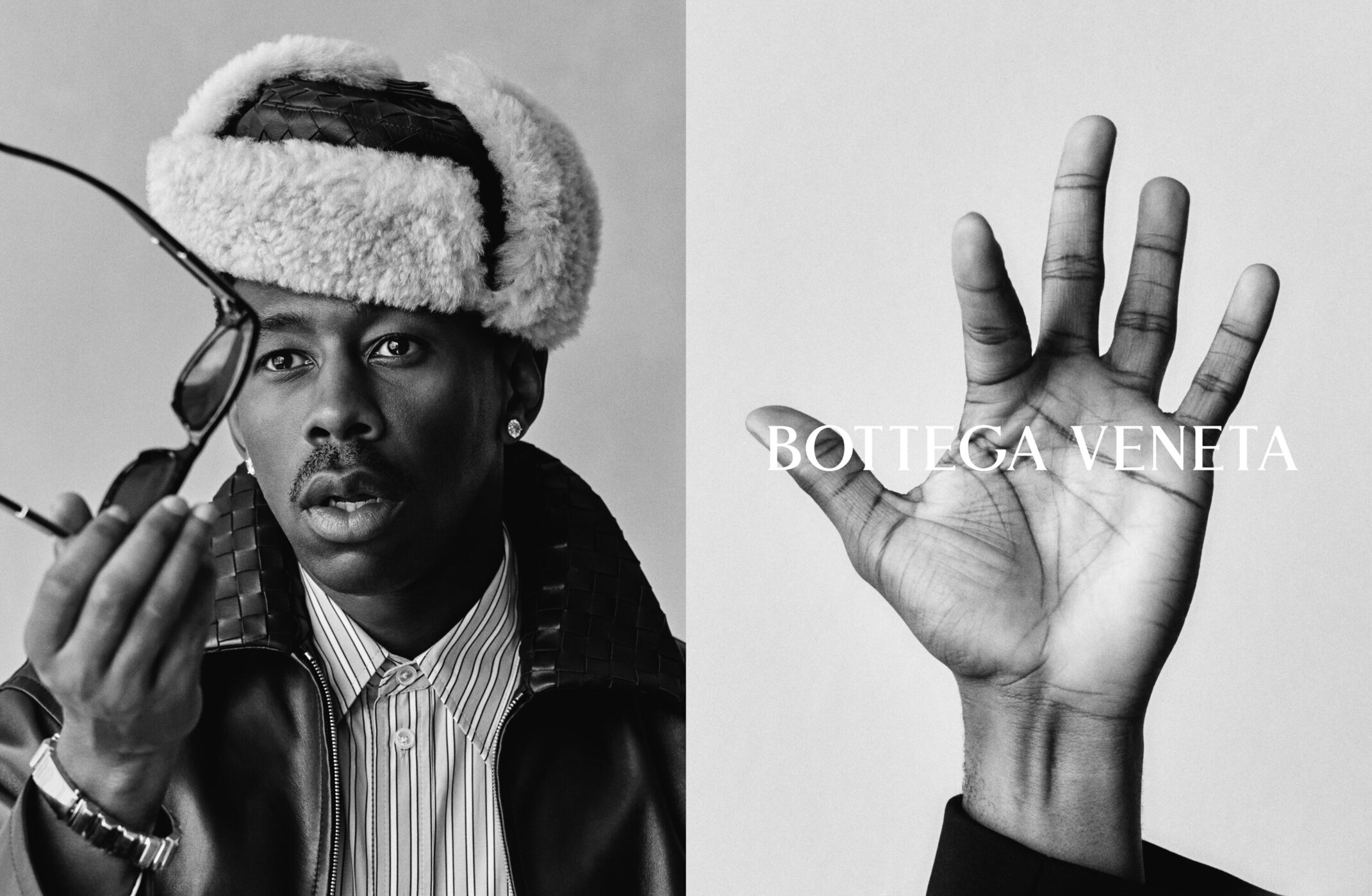 Black and white portrait diptych featuring Tyler Okonma holding sunglasses and a close-up of an open hand with Bottega Veneta text.