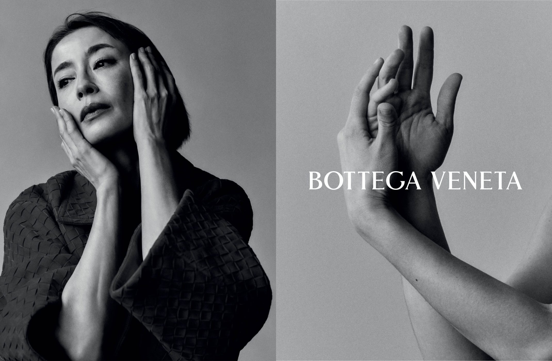 Monochrome diptych showing a woman touching her face and a close-up of clasped hands with the Bottega Veneta logo.