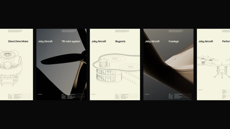 Five posters displaying Joby Aviation branding with technical diagrams, aircraft parts, and specifications on neutral backgrounds.