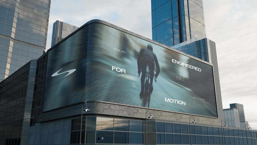 Large curved digital billboard on a modern commercial building exterior displaying a cyclist and text for Skyline.