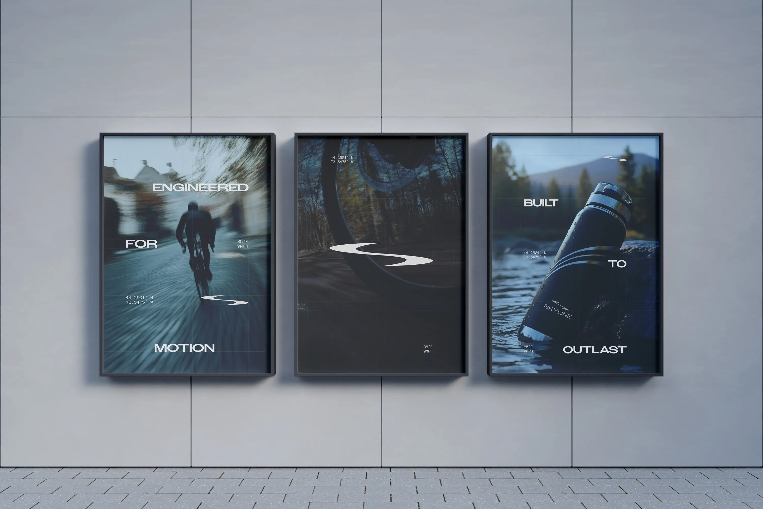 Three framed posters mounted on a grey concrete wall displaying typographic brand identity designs for Skyline.