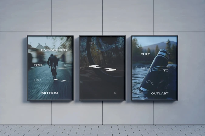 Three framed posters mounted on a grey concrete wall displaying typographic brand identity designs for Skyline.