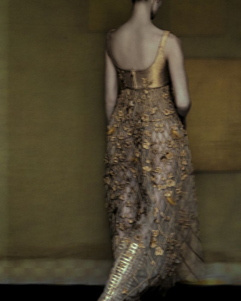 Back view of a woman in a gold sleeveless gown with embellishments standing against an olive-green wall in a dimly lit indoor setting.