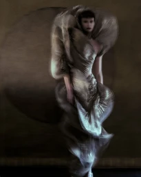 Model in a sculptural flowing metallic gown with voluminous collar against a textured dark background.