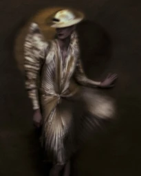 Model in a metallic gold pleated dress and matching hat posing against a dark background in an editorial fashion photograph.