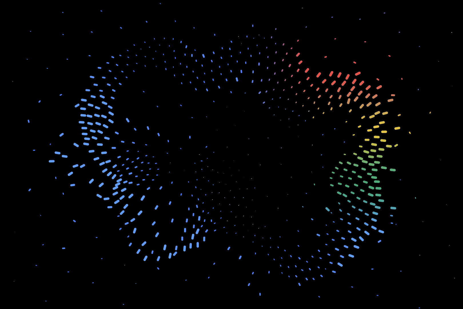 Colorful glowing dashed line particle cloud forming an abstract organic shape against a solid black background.