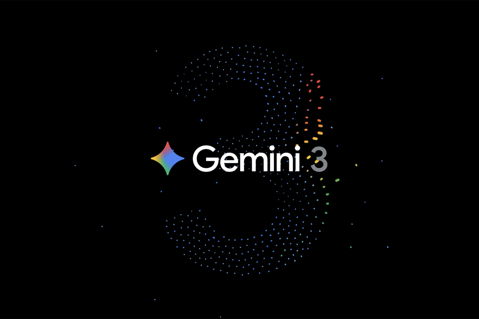 Google Gemini 3 logo with a colourful four-pointed star and white text against a black background with a large dotted number three