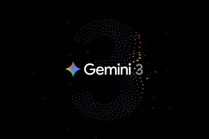 Google Gemini 3 logo with a colourful four-pointed star and white text against a black background with a large dotted number three